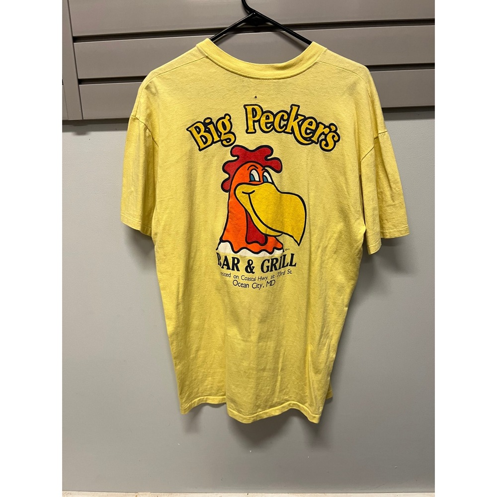 Vintage 80s Big Peckers Bar Grill Ocean City T Shirt Stedman XL Yellow USA Made